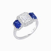 Art Deco Inspired Emerald Cut Three-Stone Diamond Halo Ring - Shahin Jewelry